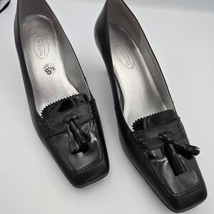 Talbots Black Leather Tassel Loafer Heels Women Size 8.5